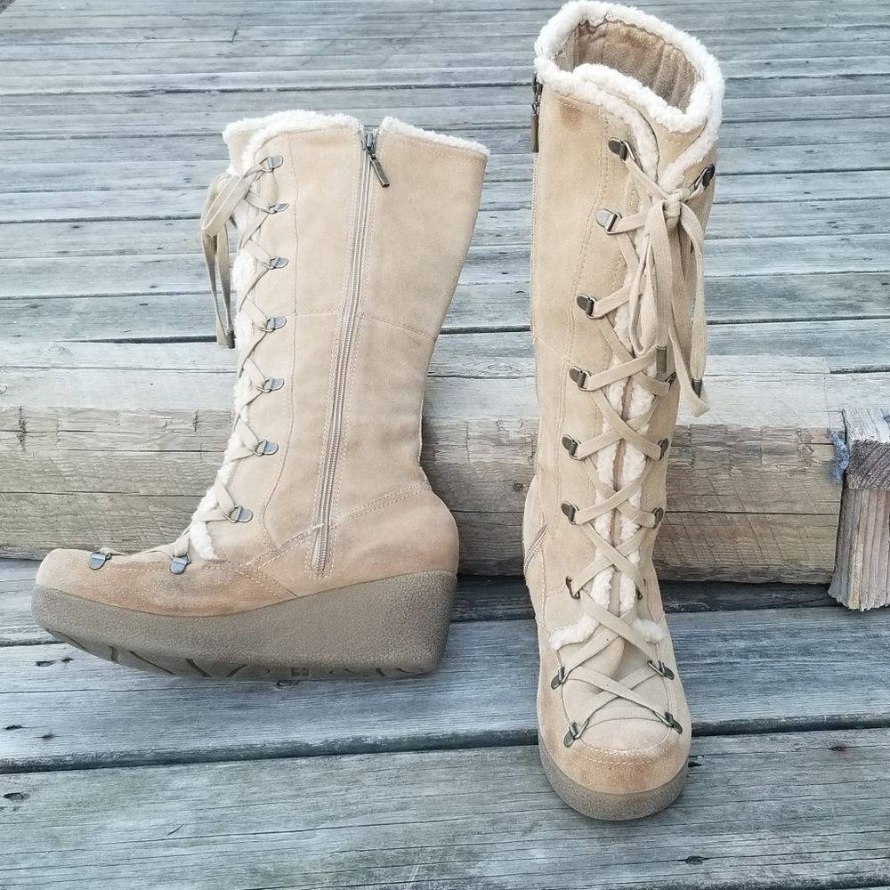 R2 VTG y2k‎ Tan Suede Leather Chunky Winter Platform Boots Lace-up Faux Fur Trim
